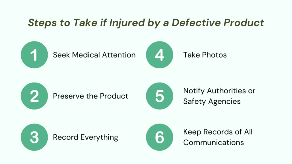 steps to take if injured caused by product defects infographic